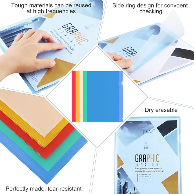 100 Pack Plastic Document Folders Colored Clear File Folders Plastic Pockets Sleeves Letter Size 8.7 x 12.2 Inches A4 Assorted Colors for Office Supplies (Multicolor)