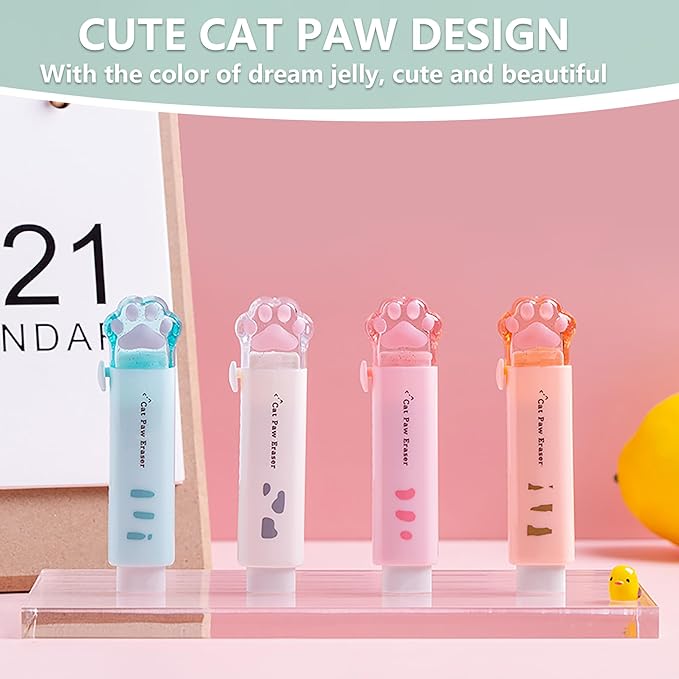 Retractable Pencil Eraser, Cute Erasers,Cat Paw Eraser,Suitable for School Home Office Supplies, 4Pcs (Eraser-BLFC)
