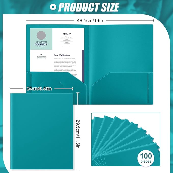 Gueevin 100 Pack Plastic Folder with Pockets, 2 Pocket Folders, Plastic Glossy Folders Fit Letter Size Paper, Heavy Duty Durable File Folder with Business Card for Home Office School (Turquoise Green)