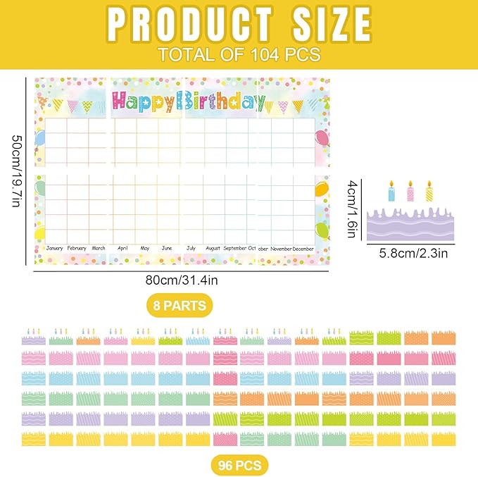 FYSUIMU 104 Pcs Birthday Graph Bulletin Board Decoration Set Colorful Cake Happy Birthday Chart Paper Cutouts Classroom Name Month Calendar Back to School Wall Decor for School Classroom