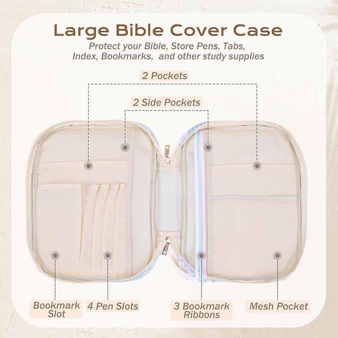XKDOUS 30 Pcs Bible Cover for Women Quilted Bible Bag w/Handle, Tabs, Study Supplies Bible Journaling Kit Portable Book Carrying Case Christian Gifts for Mother Lady