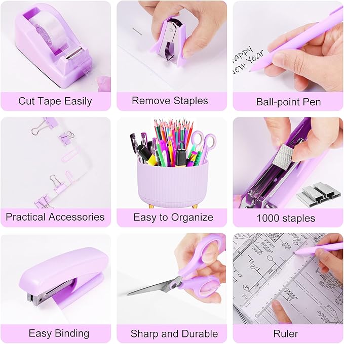 Gawsey Purple Desk Organizers and Accessories with Desk Organizer 360° Rotating Pen Holder and Office Supplies, Cute Stationery Supplies Set