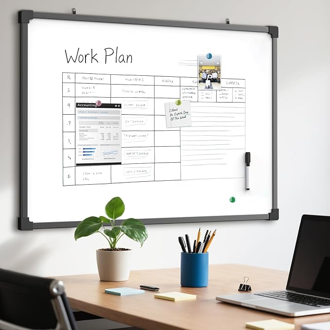 MaxGear Magnetic Dry Erase White Board, 36 X 24 Inches Double Sided Whiteboard, Black Aluminum Frame White Board for Wall, Hanging Planner Board with Dry Erase Marker for School Office Home