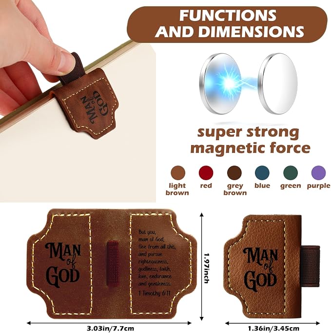 12 Pcs Man of God Religious Gifts for Men Father Day Christian Magnetic Leather Bookmark with Pen Holder Bulk Church Bible Verse Magnetic Bookmark Gifts for Man Book Lovers