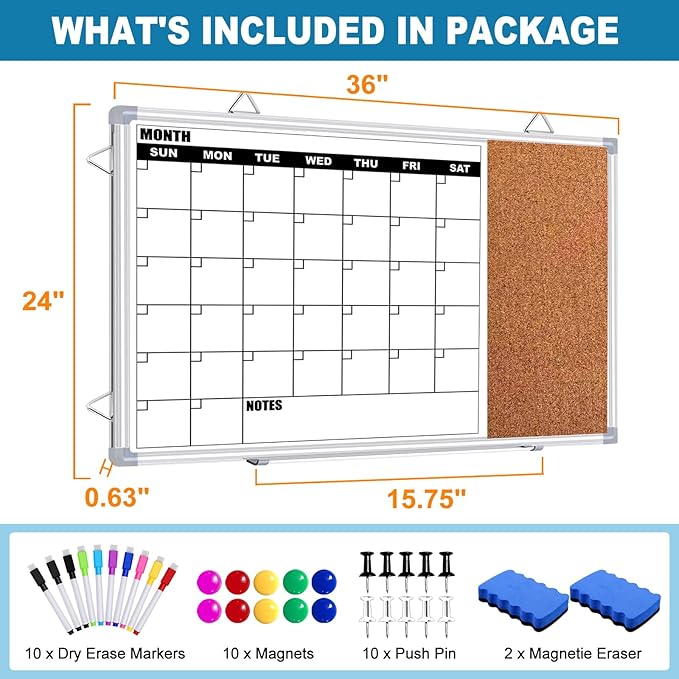 Calendar Whiteboard for Wall, 36" x 24" Double Sided Monthly Dry Erase Board Calendar for Office, Home, School, Hanging Cork Board White Board Combo, Portable Magnetic Dry Erase Planner Board