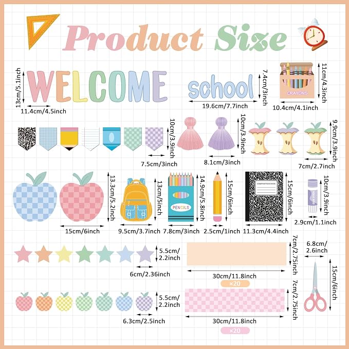 Mooliwe 94 Pcs Composition Notebook Classroom Decor Welcome Back to School Bulletin Board Set Checkered Classroom Decor Pencil Apple Paper Cutouts for First Day of School Party Wall Door(Pastel)