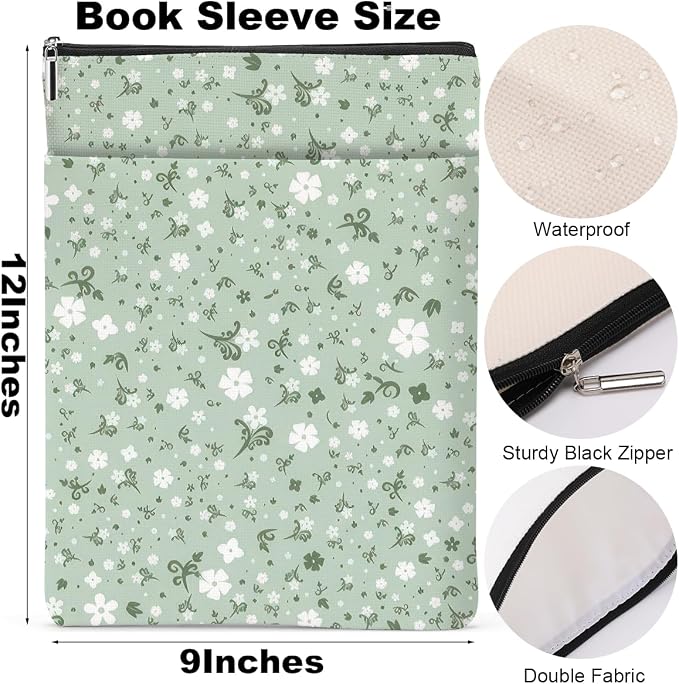 Floral Book Lovers Gifts Waterproof Flower Book Sleeve Botanical Book Pouch Book Protector with Zipper and Front Pocket Book Cover Case for Women Girl Friend Birthday Book Accessories Book Club Gifts