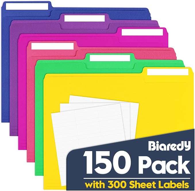 File Folders,150 Pack Colored File Folders Letter Size,8.5" x 11",1/3 Cut Tab Bulk Durable Paper Folders with Blank Labels,Assorted 6 Colors Folders for Office Business School Home Use