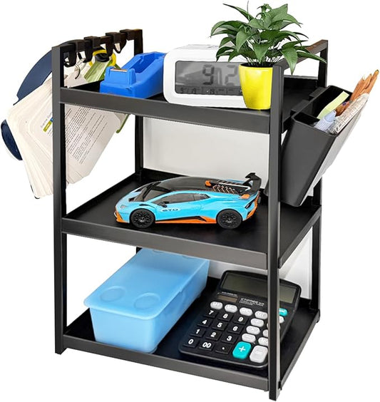 Desk Shelf Organizer, 3 Tier Office Desktop Storage Rack, Multifunctional Paper and Letter Tray Holder, Small Tabletop Shelf or Dresser for Books, Plants & Accessories,Display Shelf for Office, Home