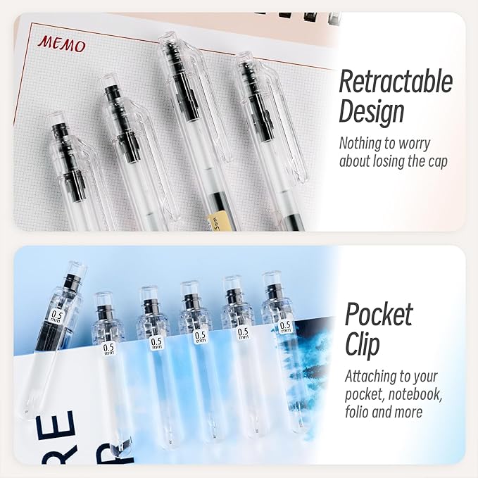 Retractable Gel Rollerball Pens, Japanese Style, Smooth Writing, Comfortable Grip, 0.5mm Fine Point, Black Gel Ink, For Journaling, Writing Pens, 12-Count Pack
