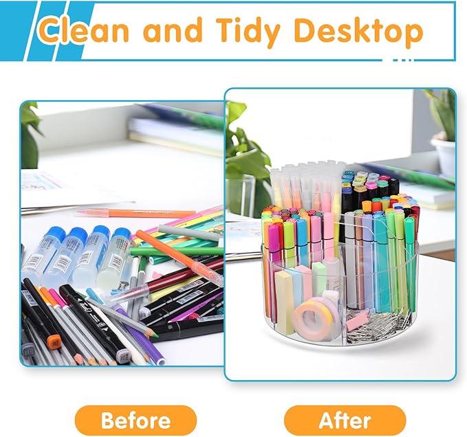 Mefirt Acrylic Pen Holder, 2 Pack 360 Rotating Organizer With 6 Compartments, Desk Office Storage for 800 Pens, Markers, Crayons and Art Supplies