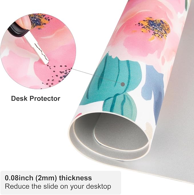 Colorful Star Large Mouse Pad, Pink Floral Desk Mat for Desktop, Women Girls PU Leather Waterproof Gaming Mousepad, Computer PC Laptop Protector Flowers Desk Pads for School Office Home 23.6" x 13.8"