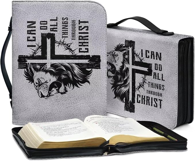 Vintage Cross and Lion Bible Case with Bookmark Waterproof Bible Cover Case for Women Lightweight Bible Bag with Handle Pockets Church Book Bag Grey