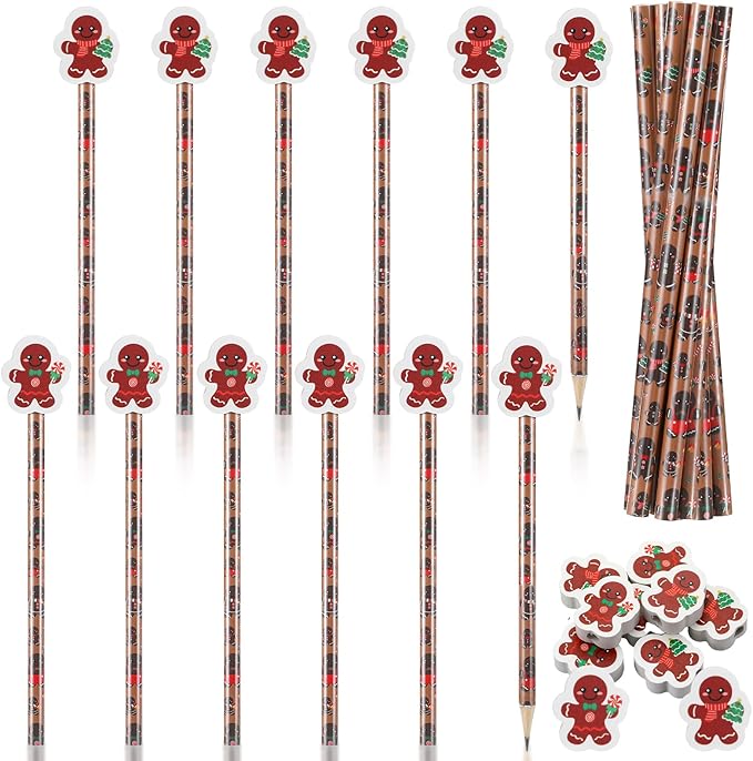 32 Pcs Gingerbread Pencils with Erasers, 16 Christmas Gingerbread Pencils Bulk 16 Erasers Winter Christmas Stationery Supplies for Classrooms Exchange Reward Prizes Home Office School Supplies