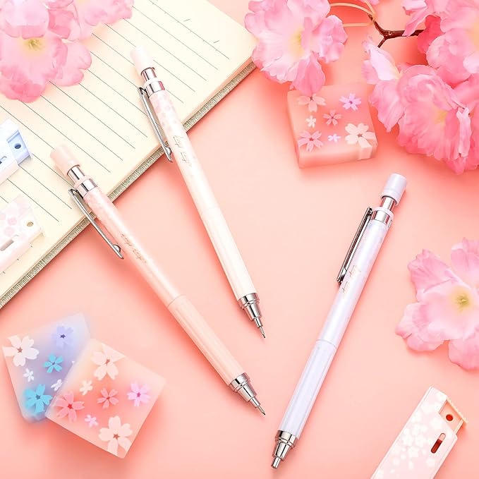 15 Pcs 0.5 mm Mechanical Pencil Set Include 6 Pcs Japanese Cute Pencils with 6 Tubes Pencil Refill and 3 Cute Cherry Erasers for Sketching Architecture Drawing