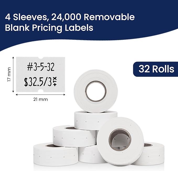 Perco 2 Line Removable Adhesive Labels - 32 Rolls, 4 Sleeves, 24,000 Blank Price and Date Gun Labels for Perco 2 Line Price and Date Guns - Made in USA