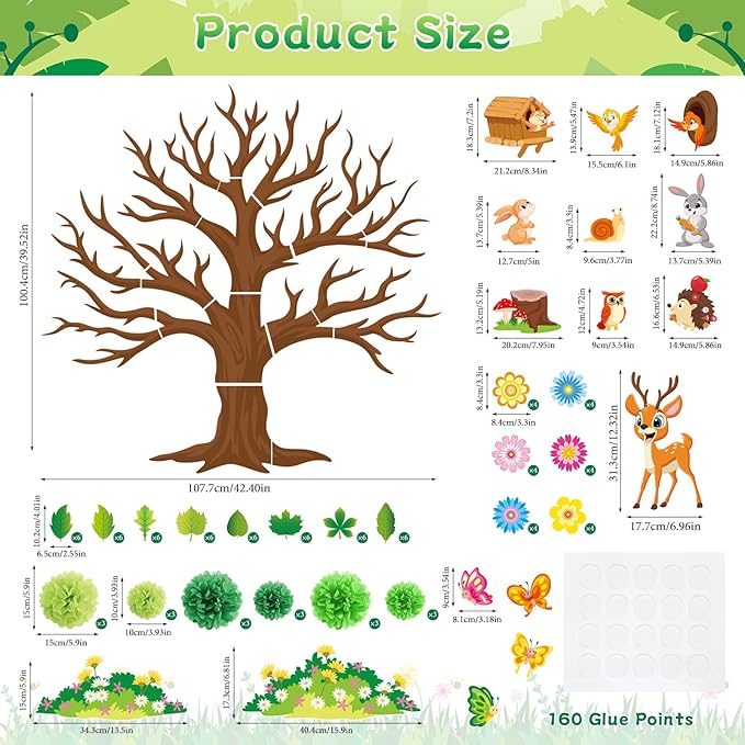 Pajean 126 Pieces Classroom Tree Bulletin Board Set Spring Tree Bulletin Board Decoration with Paper Pom Poms 3D Flowers Leaves Butterfly Cutouts for School Classroom Home Wall Chalkboard Decor