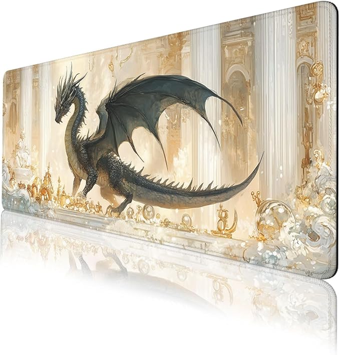 Fantasy Beast Desk Pad Mouse Pad Golden Palace Epic Dragon Large Gaming Mouse Mat with Stitched Edges,Non-Slip Waterproof Rubber Base Mous Mat Office Computer Keyboard Laptop Home 31.5"x11.8"