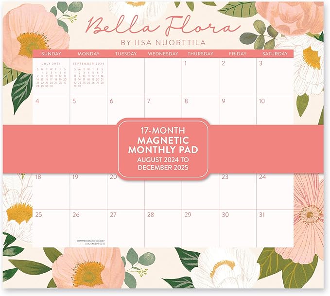 2025 Calendar - Magnetic Monthly Calendar 2024-2025, Orange Circle Studio 12 Month Calendar, 8.5" x 9.6" January 2025 - December 2025, Bella Flora Print, Magnetize to Fridge or Filing Cabinet