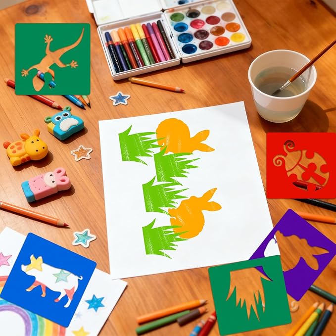 24 PCS Drawing Stencils, 8 Inch Sidewalk Chalk Stencils Painting, Outside Reusable Drawing Stencil, Large Washable Animal Garden Themed Primary Shape Template for Learning Painting DIY Craft