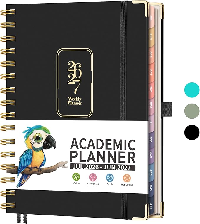 RETTACY Academic Planner 2026-2027, Weekly and Monthly, July 2026 - June 2027, Medium Size (5.7" x 8.3"), Calendar, Agenda, 12-Month Tabs, Hardcover, for Student, Teacher, School (Black)
