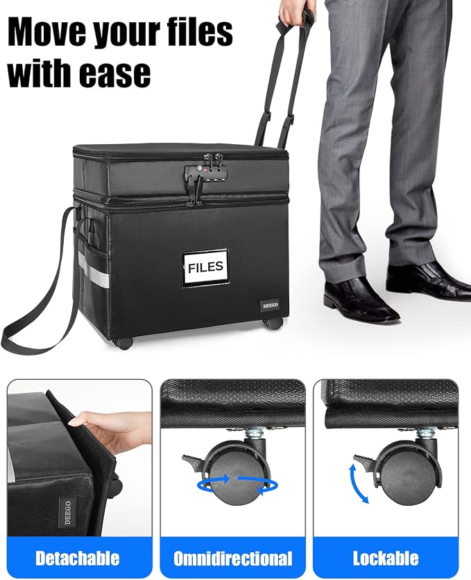 DEEGO Rolling File Box, Fireproof Document Box with Wheels Multi-Layer Water-Resistant File Organizer Portable file Cabinet Document Safe filing box for Home Office for Hanging Letter/Legal Folder