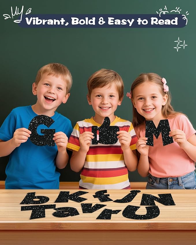249 Pcs Glitter Bulletin Board Letters Numbers and Punctuation, 4 Inch Alphabet Poster Board Cardboard Letter Cutouts with Adhesive Dots for Classroom Bulletin Board School Decorations (Black)