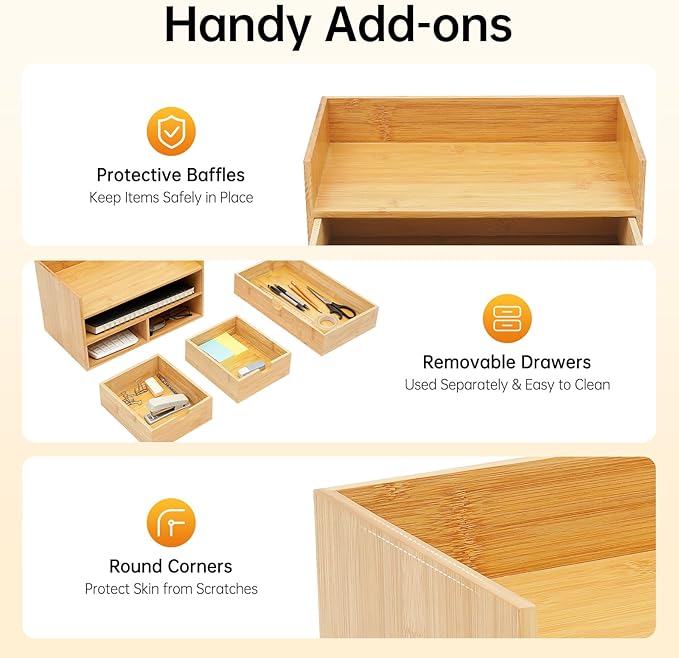 Desk Organizer, Office Vanity Bamboo Desk Organizer, Mini Bamboo Desk Drawer Tabletop Storage Box with 3 Drawer Night Stand Table Organizer for Makeup Vanity Office Supplies (3 Drawer, 1 Top+2 Bottom)