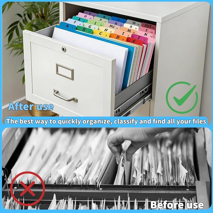 1 Set 25 Pcs Alphabetical File Organizer 25 Colors A-Z Top Tab Alphabet File Cabinet Dividers Letter-Size 1/5 Cut Tab File Folder Guide 500 GSM Heavyweight Manila Cardboard for Office Home School Desk