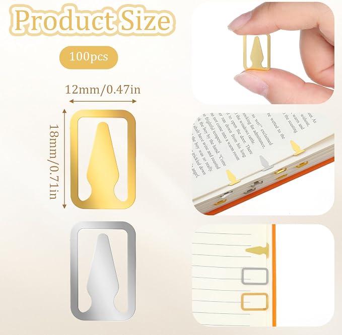 100Pcs Metal Book Darts Bookmarks Page Nibs Thin Book Markers Stainless Steel Bookmark Clips for Reading Students Teacher Books Lovers Readers Women Men (Silver and Gold)