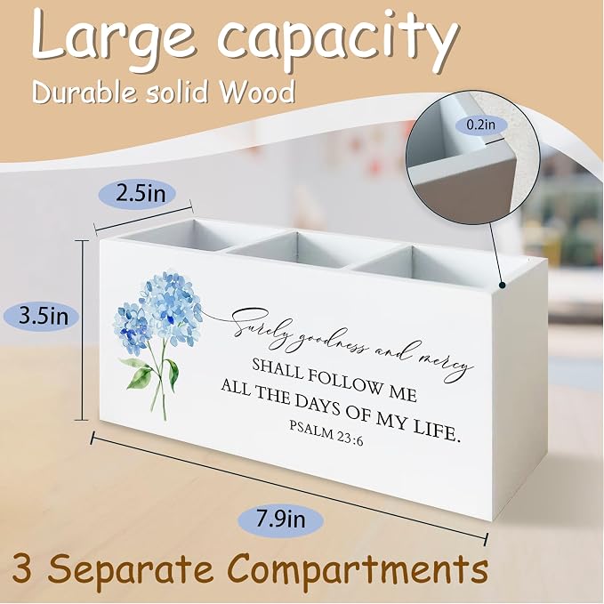 Hydrangea Christian Decor, Hydrangeas Pen Holder for Office Desk, Christian Hydrangea Gifts for Women Men, Bible PSALM 23:6 Wooden Pencil Holder Sign Organizer for Home Office Desk Accessories