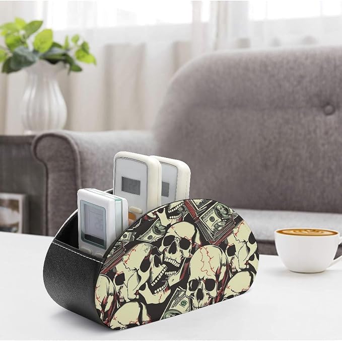 Skull Dollar Print Remote Control Holder Remote Organizer Storage Box for Multi-Media Controllers with 5 Compartments for Cosmetics Office Supplies