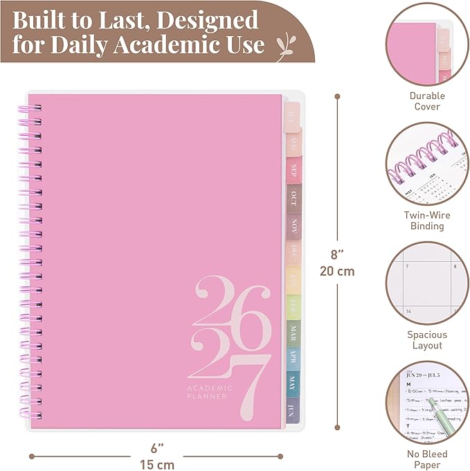 Rileys Academic Planner 2026-2027, Daily, Weekly & Monthly Planner, July 2026 - June 2027, Student Notes Pages, Twin-Wire Binding, Weekly Agenda for School & Work (8 x 6-Inches, Classic, Pink)
