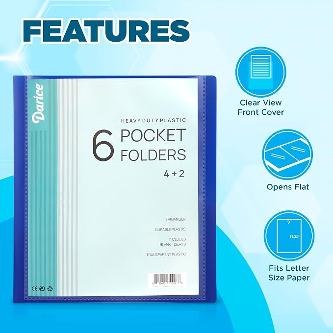 Darice 2 Pack 6 Pocket Folder - Double-Sided Multi Pocket Folder - Letter Size Paper Organizer for Office School - Pink & Blue - Back to School Supplies