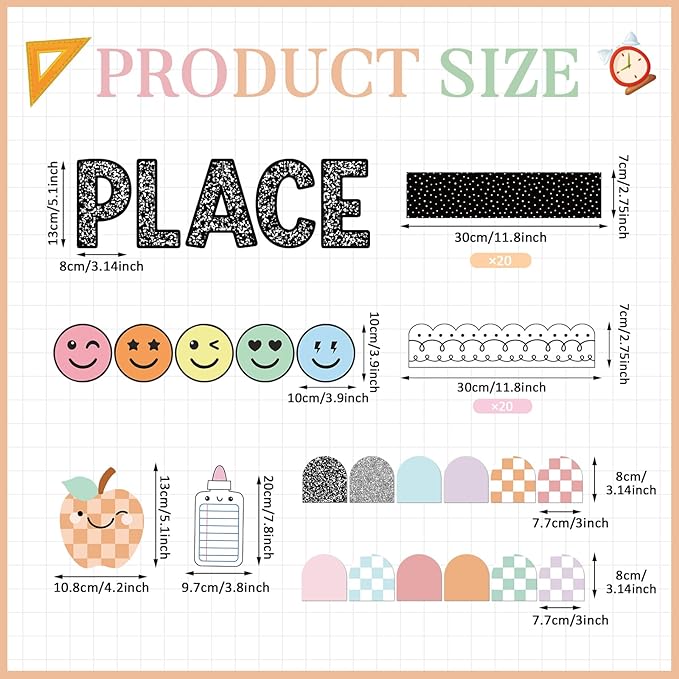 Mooliwe 94 Pcs Composition Notebook Classroom Decor Welcome Back to School Bulletin Board Set Checkered Classroom Decor Smile Face Stationery Paper Cutouts for First Day of School Wall Door(Novel)