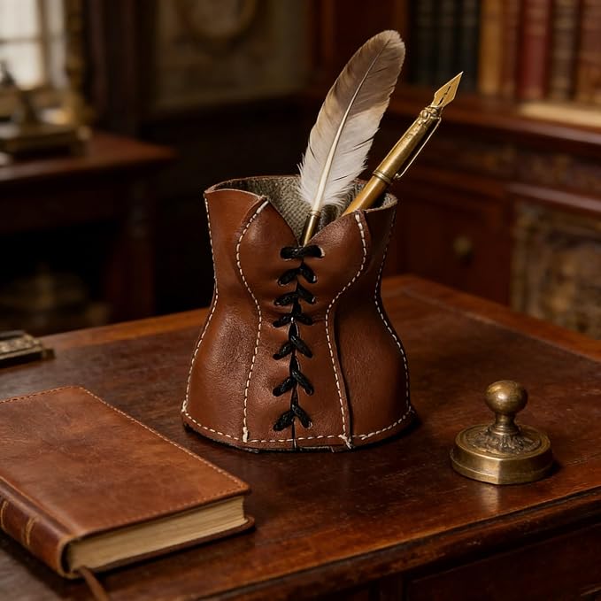 Faux Leather Lace-Up Corset Pencil Holder – Gothic Y2K Desk Pen Cup Makeup Brush Organizer Mini Storage for Home Office, Brown