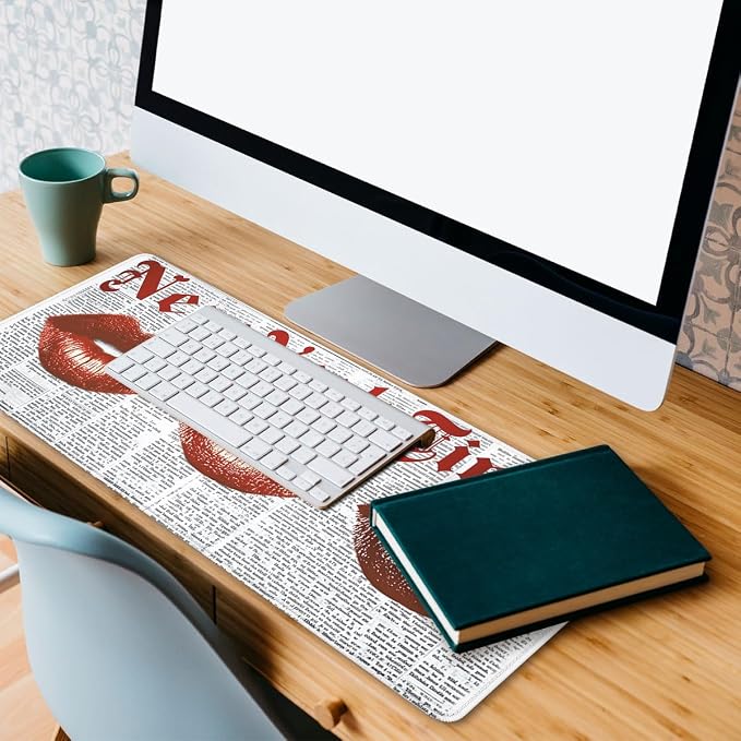 Vintage Lips Desk Pad Mouse Pad Red Kiss Retro Newspaper Mousepad Large Mousepad Extended Laptop Keyboard Mat Gaming Desk Pad Mouse Mat Office Computer Keyboard Laptop Home 31.5"x11.8"