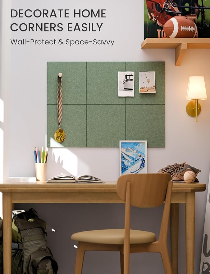 Fluxynara Felt Bulletin Board Tiles -28"x18" Cork Board Alternative for Office Decor, Push Pin Board Wall Organizer 6-Pack -Moss Green