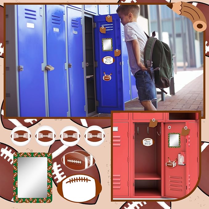 Demonwer 12 Pcs Locker Accessories Kit Rugby Themed Magnetic Whiteboard Mirror Pen Holder for Back to School Essentials Locker Decorations