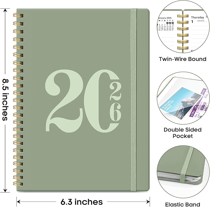 2026 Planner, Weekly and Monthly Calender Planner, Jan 2026 to Dec 2026, Hardcover 2026 Calendar Book with Tabs & Inner Pocket, Office Home School Supplies for Women & Men - A5 (6.3" x 8.5"), Green