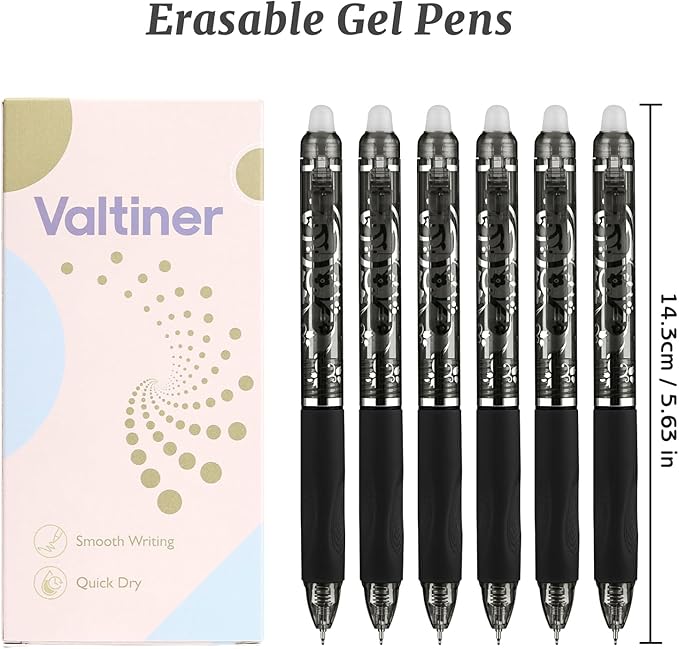 6 Pcs Retractable Erasable Pens, Colored Gel Black Ink Pens Clicker with Erasers, 0.5mm Fine Point Smooth Writing Pen for Journaling Note-Taking Crossword Puzzles Supplies (Black)