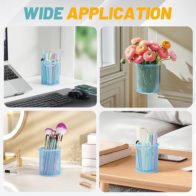 Segarty Pen Holer, 12 Pack Round Light Blue Pencils Holder for Desk, Metal Mesh Pen Cup Container Marker Organizer Set for Office, School, Home, Desktop Storage and Organization