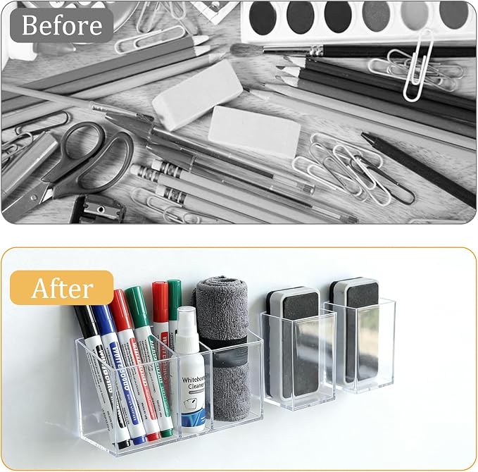3-Piece Acrylic Pen Holder with Magnetic Sheets, Magnetic Dry Erase Marker Holder, Clear Marker Organizer Locker Organizer, Pen Organizer for Office Supplies, Makeup Brushes - No Assembly