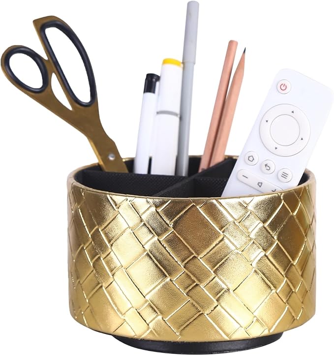 TV Remote Holder, PU Leather 360 Degree Rotating Remote Caddy with 4 Compartments, Bedroom Nightstand, Gold PH103