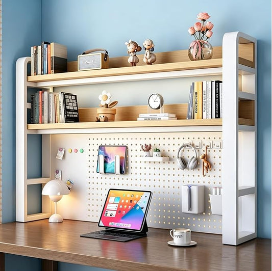 Desk Shelf Organizer with Pegboard & Storage Parts, 45kg Heavy Duty Desk Hutch, Desktop Storage Rack for Office & Home Office Shelves White Shelf/Natural Wood Board (3-Tier) 29.5×10×36.7"