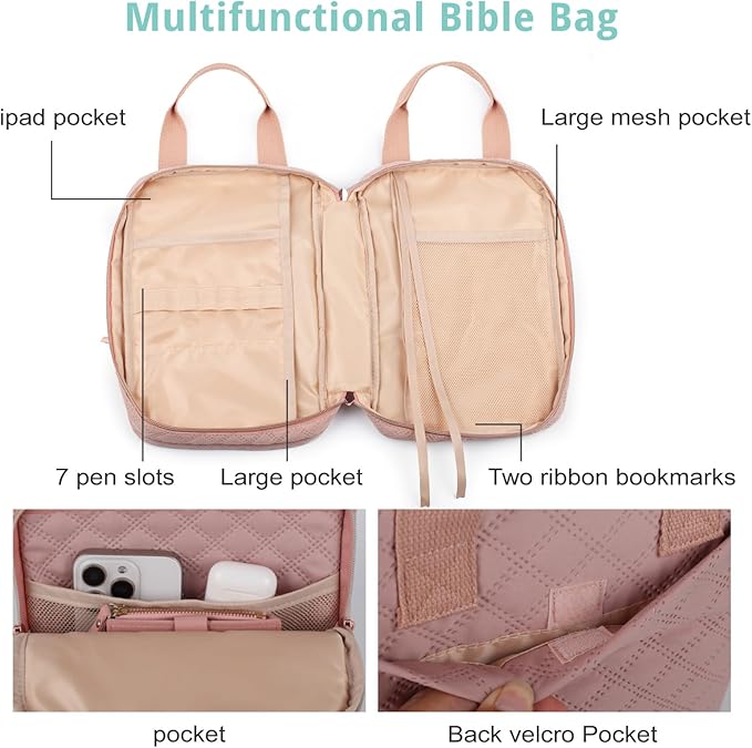 Bible Cover for Women, Bible Case with Handles,Carrying Bible Bag Scripture Case Church Bag Bible Protective with a Zippered Front Pocket & Back Pocket