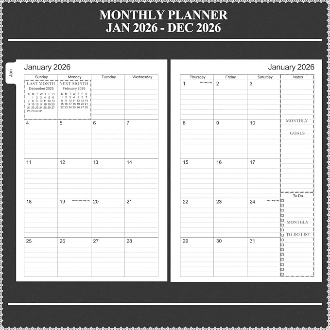 Tiankool Planner 2026, Jan 2026 - Dec 2026 Weekly Monthly Planner with 12 Monthly Tabs and Elastic Closure, Inner Pocket, Round Corner,5.8" x 8.25"- Black