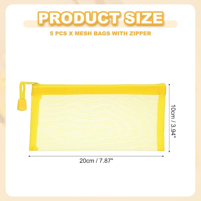 PATIKIL A6 Mesh Zipper Pouch Bags, 5 PCS Mesh Bags with Zipper Plastic Storage Pocket for Organizing File Beads Office Home Supplies, 10x20cm, Yellow