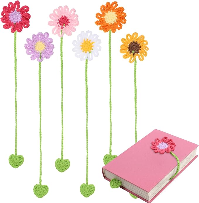 Ouligay 6 Pack Crochet Bookmarks for Women Daisy Sunflower Book Marker Personalized Handmade Cute Bookmark Gifts for Book Lovers and Teachers,Bag Charms,Keychain