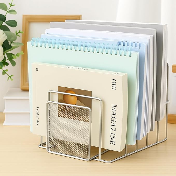 2 Pcs 7 Section Wire File Organizer for Desk, Metal Mesh Incline File Holder, Letter & Magazine Folder Rack, Desktop Paper Sorter for Home Office School (Silver)